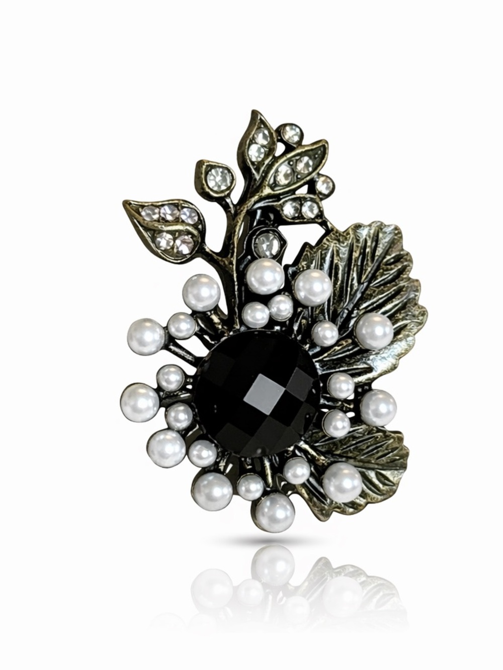 Vintage-Inspired Black Crystal & Pearl Floral Brooch